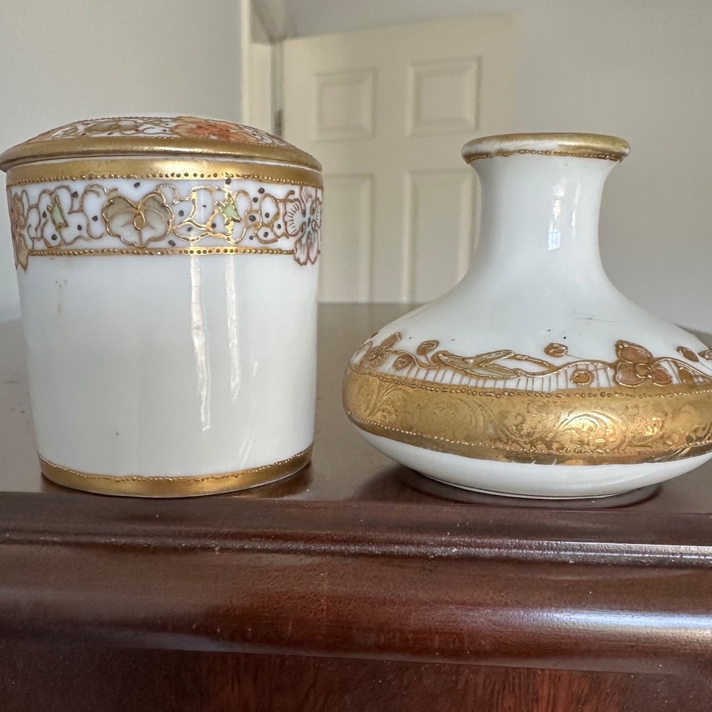 Nippon Antque Moriage Vanity Set Gold Gilt Floral Trinket Jar & Bud Vase